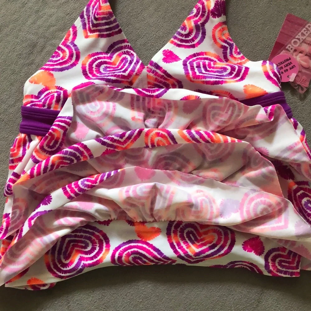 Joe Box 2 Piece Swim Suit Girls 10/12 Large Pink Purple White Ruffles Halter NWT